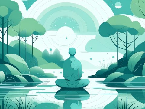Meditative Figure in Serene Futuristic Landscape