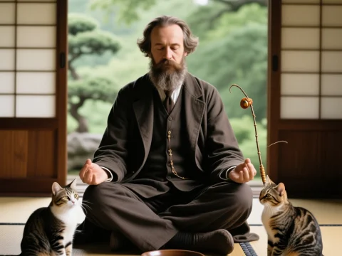 Meditative Moment with Cats in a Traditional Japanese Room