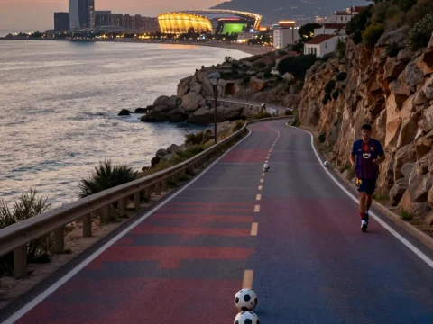 Mediterranean Coastal Road with Soccer Training at Sunset