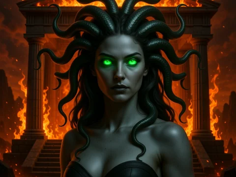 Medusa with Glowing Green Eyes Before Flaming Temple