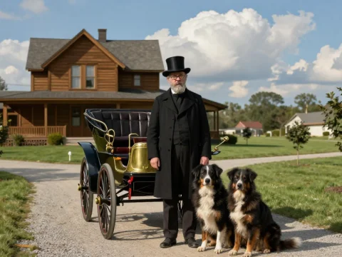 Melancholic 1895 Americana Scene with Vintage Carriage and Dogs