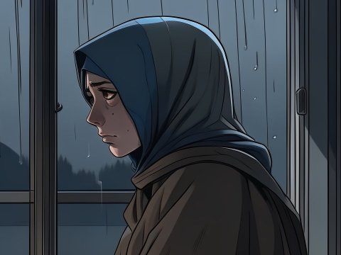 Melancholic Anime Girl in Rainy Window Scene