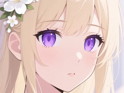 Melancholic Anime Girl with Purple Eyes and White Flowers