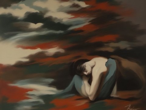 Melancholic Figure Amidst Abstract Stormy Sky