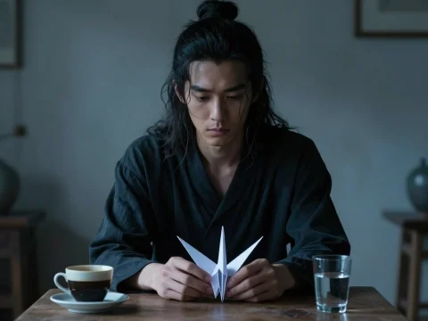 Melancholic Man Contemplating Origami Crane at Wooden Table