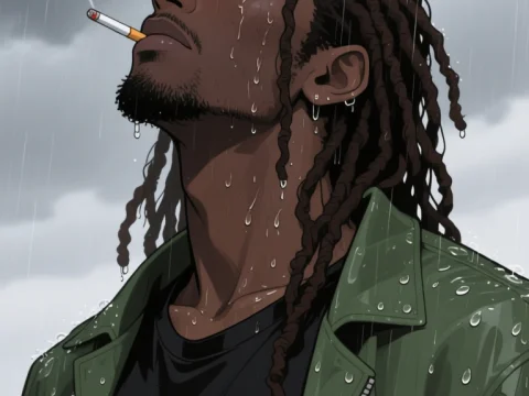 Melancholic Rainy Portrait of Man Smoking