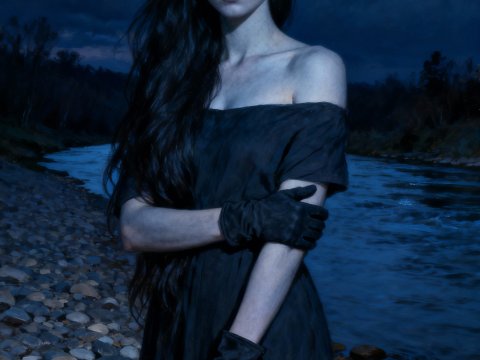 Melancholic Woman by the River at Night