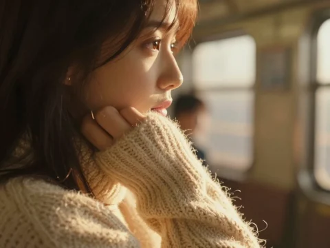 Melancholy Woman in Cozy Sweater on Train