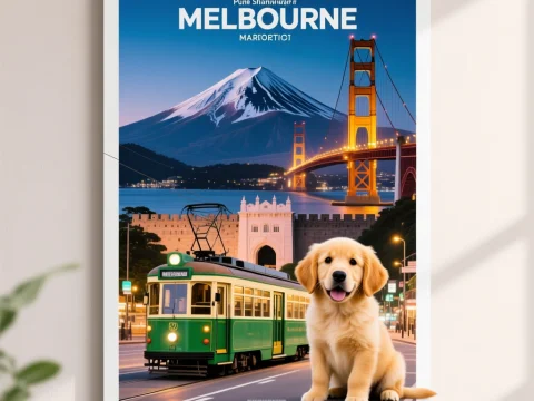 Melbourne Cityscape with Golden Retriever Puppy and Tram