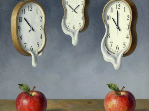 Melting Clocks and Apples on Wooden Table