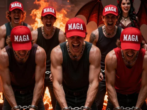 Men in MAGA Hats Chained in Fiery Hell with Demon Woman