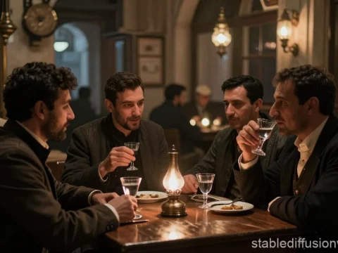 Men Sharing Drinks in a Cozy Ottoman Tavern