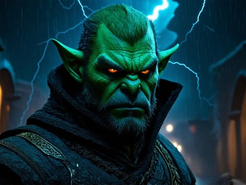 Menacing Green Orc with Lightning in Dark Alley
