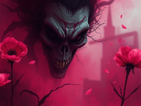 Menacing Skull Emerging from Dark Shadows Among Red Flowers