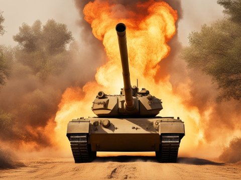 Merkava Tank Firing Amidst Fiery Explosion