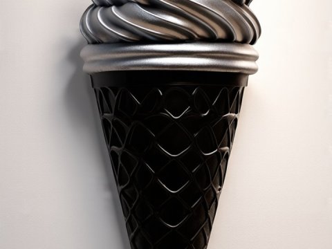Metallic Silver Soft Serve Ice Cream Sculpture on Black Cone
