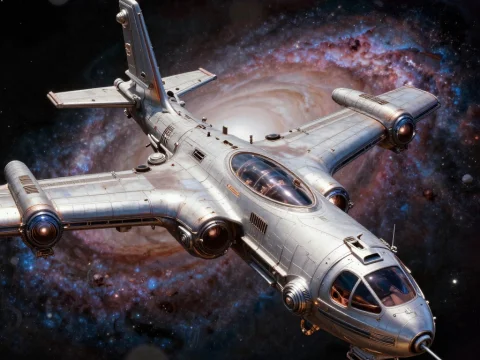 Metallic Spaceship Flying Near a Colorful Supernova