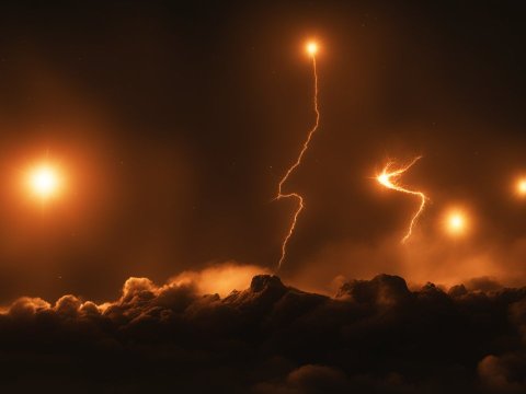 Meteor Shower with Fiery Trails over Dark Clouds