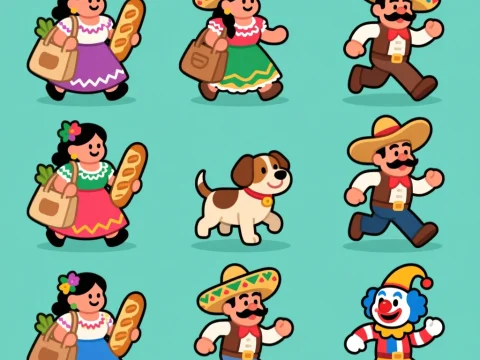 Mexican Crowd Sprite Sheet with Traditional Characters