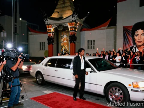 Michael Jackson Premiere Event with White Limousine and Crowd