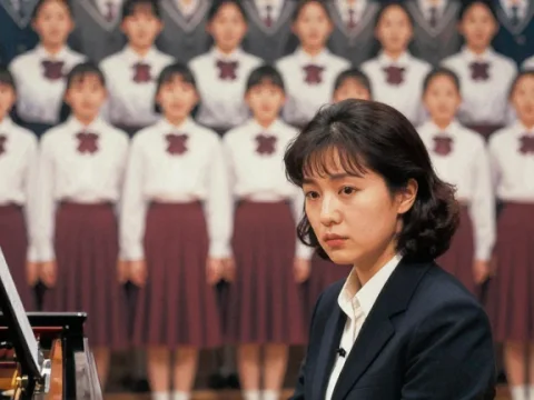 Middle School Music Teacher Playing Piano with Choir
