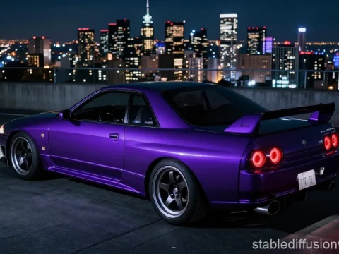 Midnight Purple Nissan GTR R32 at Night