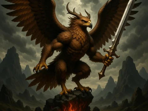 Mighty Harpy Warrior with Sword on Fiery Rock