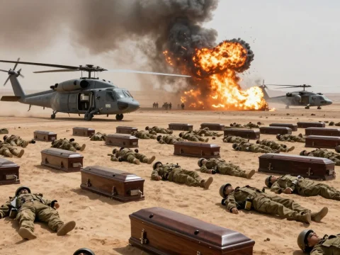 Military Helicopter Crisis with Soldiers and Explosions in Desert