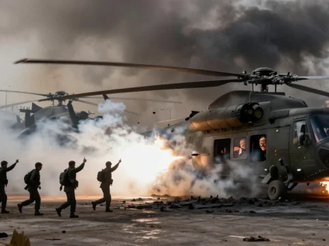 Military Helicopter Under Attack with Soldiers Advancing