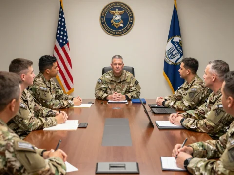 Military Leadership Meeting in Conference Room