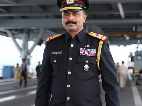 Military Officer in Formal Uniform on Aircraft Deck