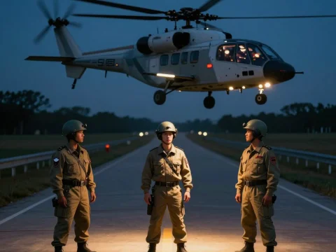 Military Personnel Standing on Road with Helicopter Hovering at Dusk