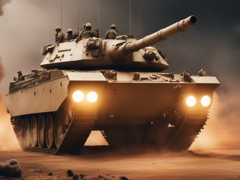 Military Tank Advancing Through Smoke and Fire