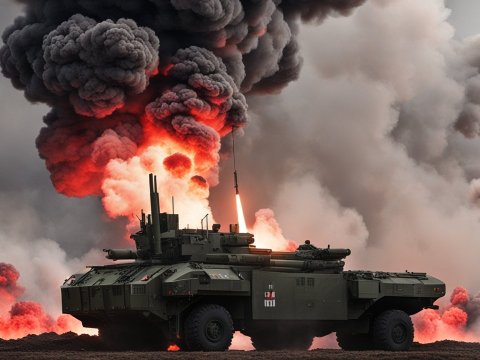 Military Vehicle Launching Missile Amid Explosive Smoke