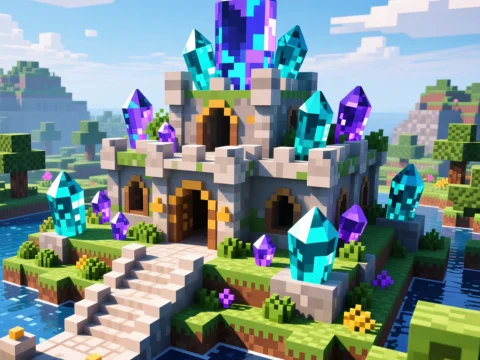 Minecraft Castle with Vibrant Crystals on Island