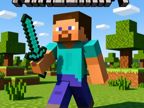 Minecraft Character Holding Diamond Sword in Blocky World