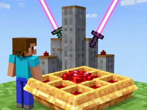 Minecraft Character with Giant Waffle and Neon Swords
