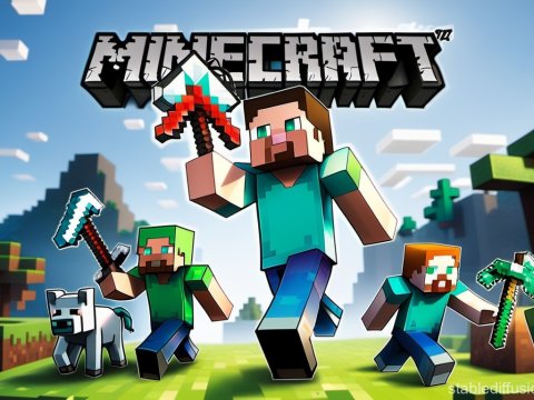 Minecraft Characters Running with Tools in Blocky Landscape