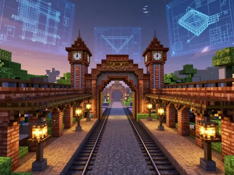 Minecraft Fantasy Train Station at Dusk with Blueprints