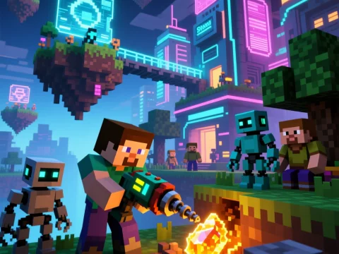 Minecraft Player Mining with Futuristic Drill in Cyberpunk World