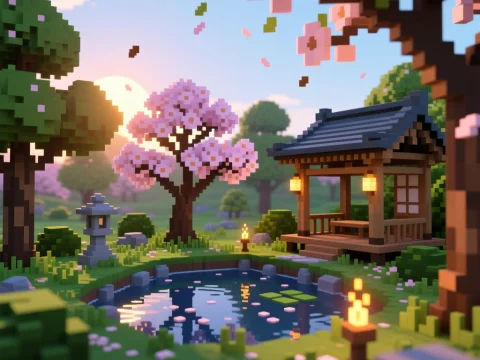 Minecraft Voxel Spring Garden with Cherry Blossoms