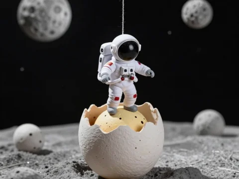 Mini Astronaut Emerging from Egg on Lunar Surface