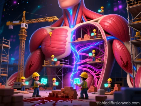 Mini Construction Workers Building Human Muscles and Veins