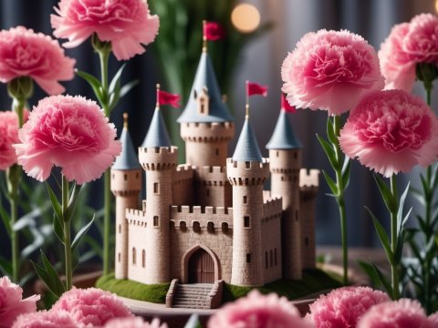 Miniature Castle Surrounded by Pink Carnations