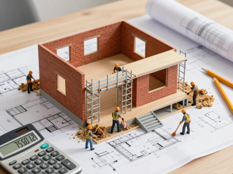 Miniature Construction Site Diorama on Architectural Plans