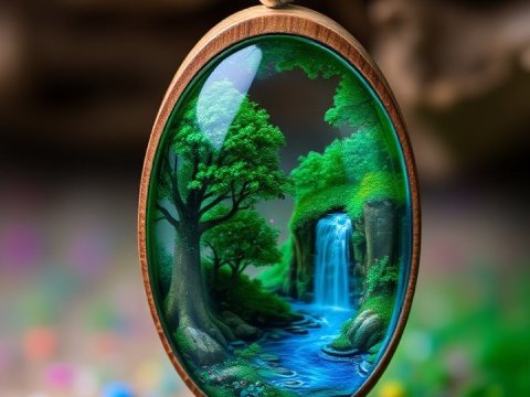 Miniature Landscape Pendant with Waterfall and Trees