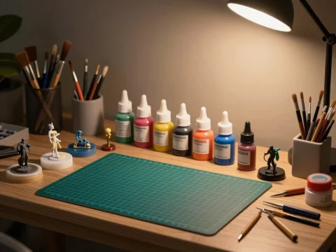 Miniature Painting Workbench with Tools and Paints