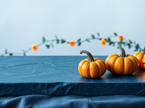 Miniature Pumpkins on Blue Stone Tabletop with Soft Lighting