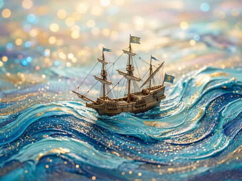 Miniature Ship Sailing on Abstract Painted Waves