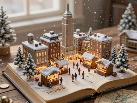 Miniature Snowy New York City Pop-Up Book Scene